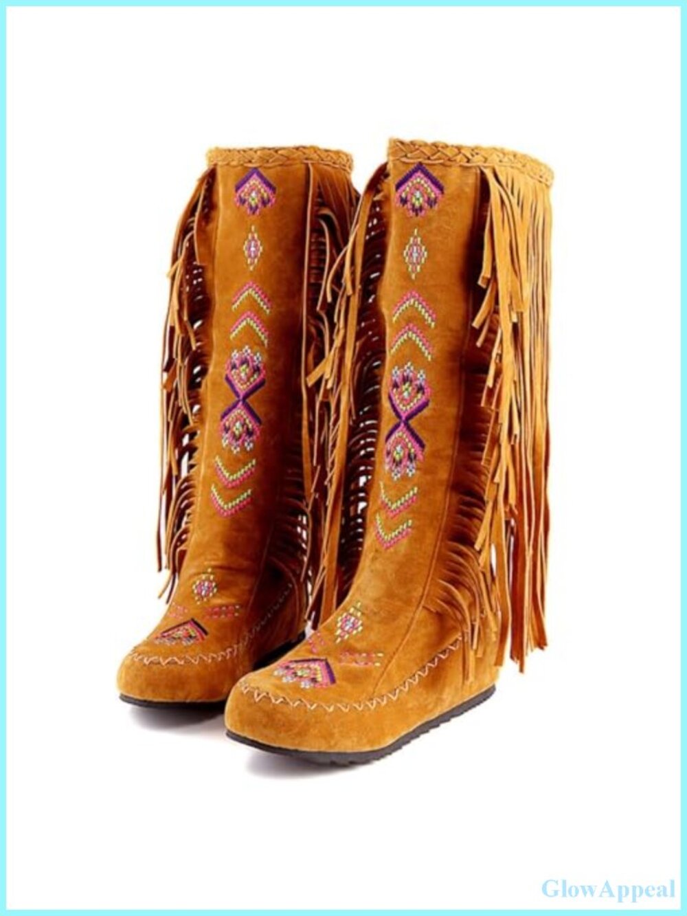 Suede Fringe Western Mid Calf Boots Embroidered Pull On